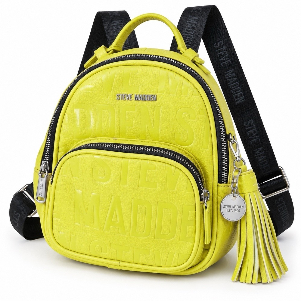 Steve Madden Mini Backpack Neon Lime Green Embossed Logo Black Straps Tassel